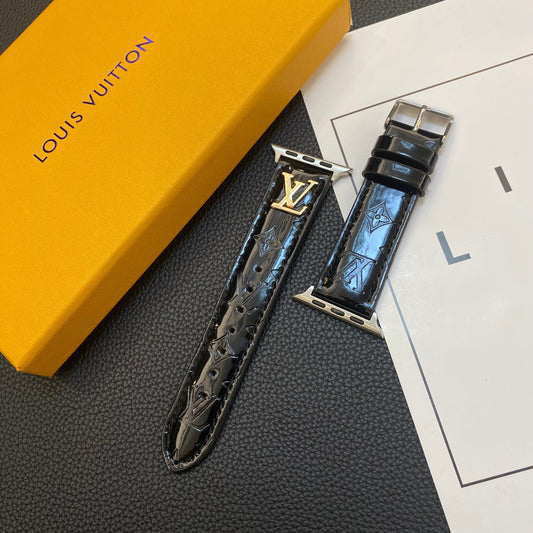 GLOSSY LEATHER APPLE WATCH STRAP LUXURY METAL LOGO