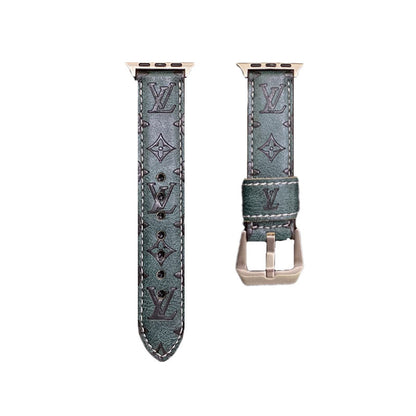 Leather Monogram Apple Watch Bands Leather Blue-YH24422
