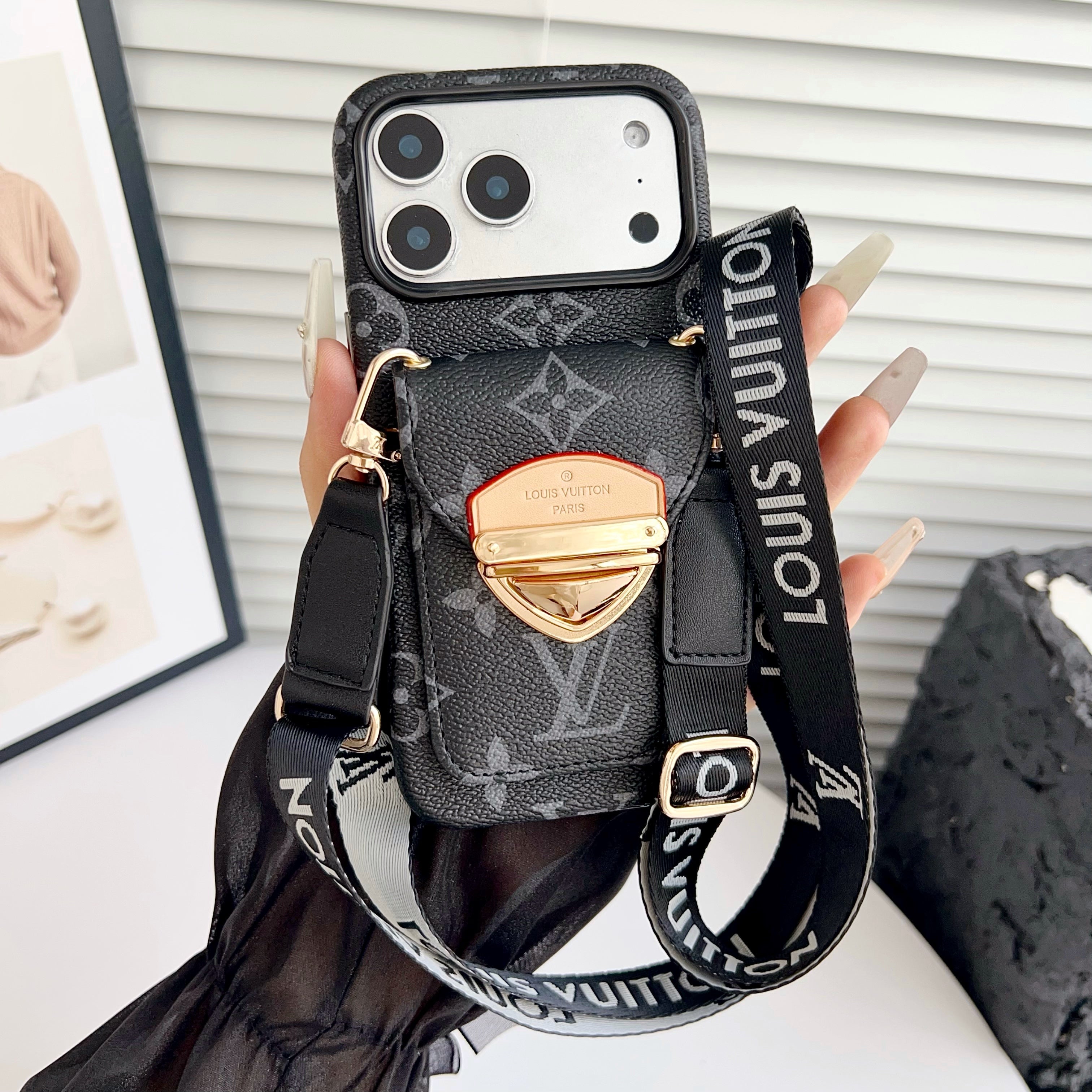 Luxury Crossbody iPhone Case with Card Pocket & Detachable Strap