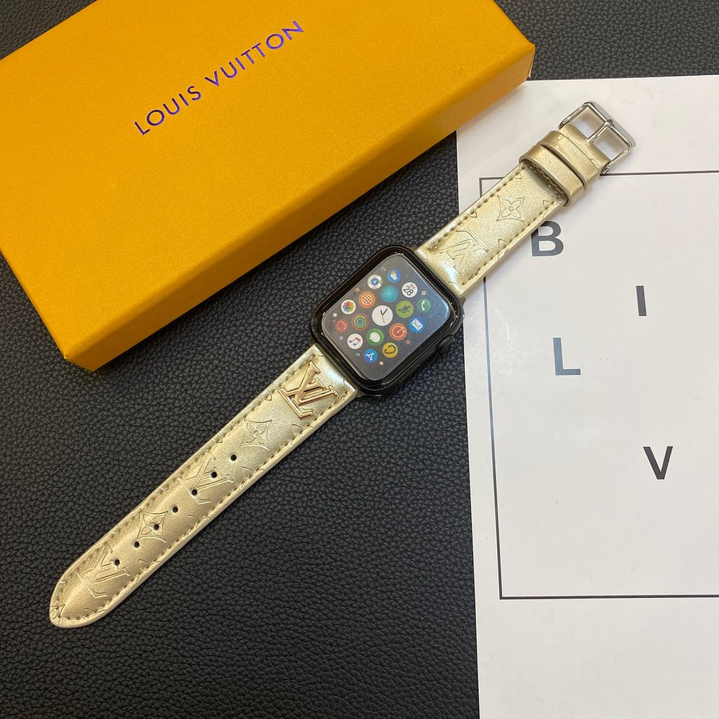 GLOSSY LEATHER APPLE WATCH STRAP LUXURY METAL LOGO