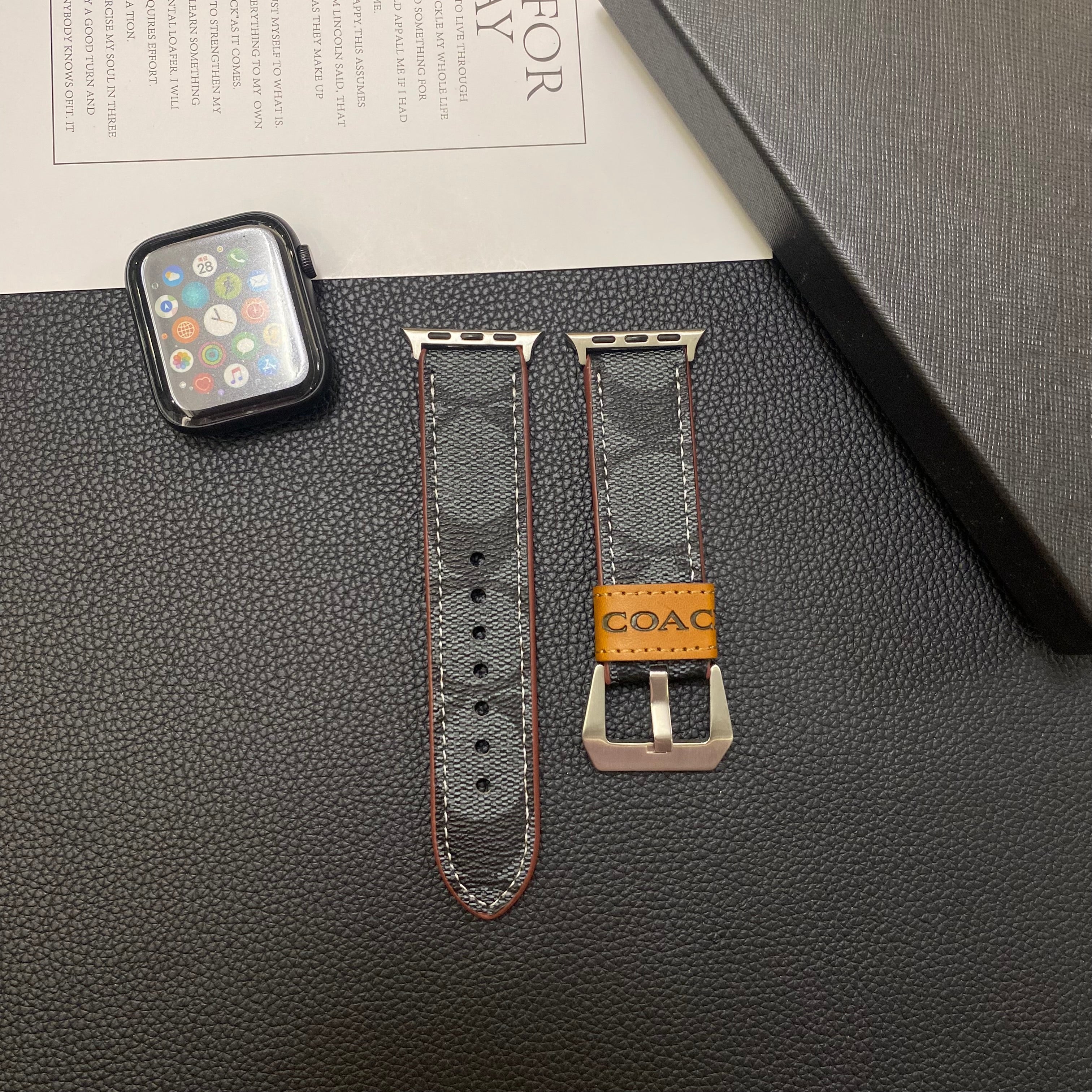 Leather Coach Apple Watch Band Black-YHK244221710