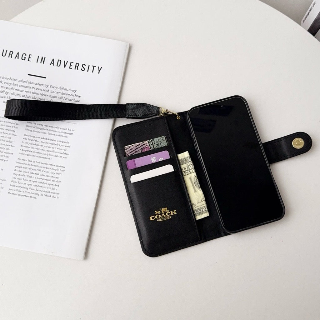 CO Luxury Pattern Wallet iPhone Case with Card Holder and Strap